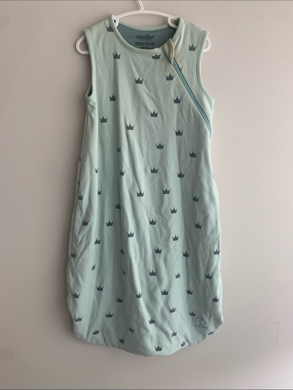 Baby | Woolino Merino Sleep Sack, Green Crown Pattern | 6-18M